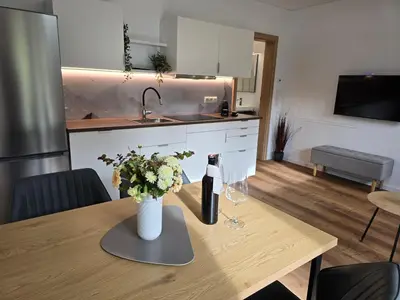 Küche/Küchenzeile in der Unterkunft Ländle Lodge, Ferienwohnung nahe Bregenz, Lindau und Bodensee