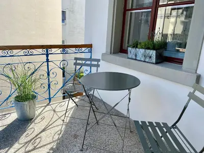Ein Balkon oder eine Terrasse in der Unterkunft Stadtjuwel mit Pfänderblick